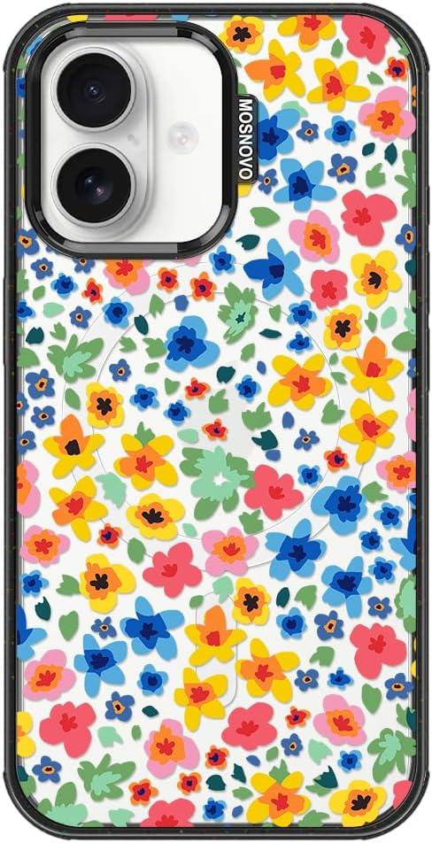 MOSNOVO Magnetic Case for iPhone 16 Plus, 10ft Military-Grade Protection, Compatible with Magsafe, Shockproof Phone Case for iPhone 16 Plus - Little Flowers - Clear Black