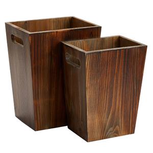 2 Piece Rustic Style Wood Trash Can Set - Farmhouse Square Wastebasket Bins with Handles for Home or Office (Brown, Small & Large) - Rustic Bathroom Trash Can Set