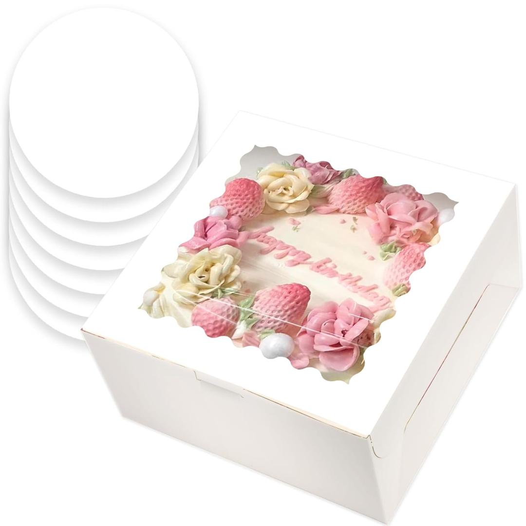 qiqee 10x10x5 Cake Box, 4 Sets White Cake Box with Window  4 Sets 10" White Cake Round Boards, 10inch Cake Containers