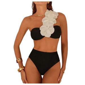 SHENHE Women's One Shoulder Bikini Set High Waisted 3D Flower Bandeau Swimsuits 2 Piece Swimwear Black Small