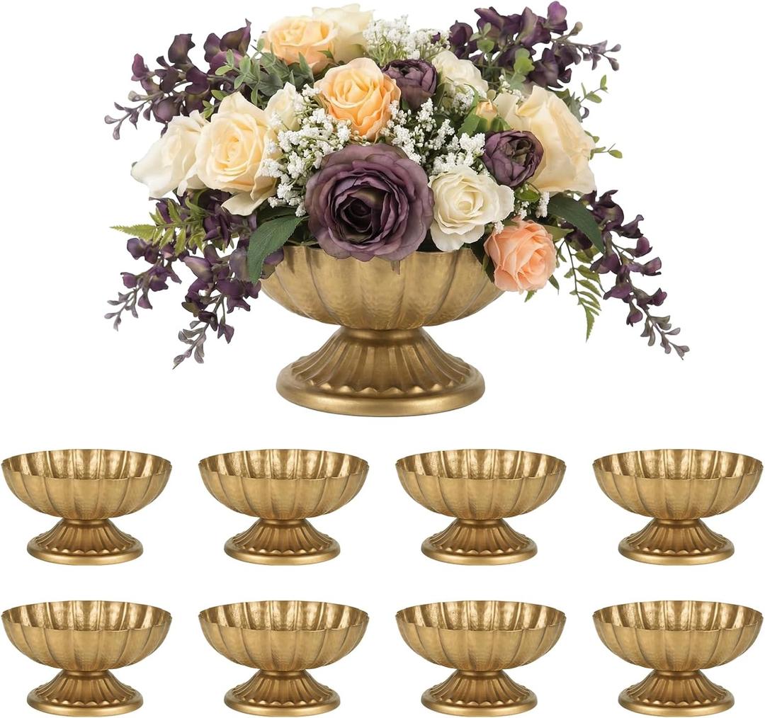 Set of 8 Antique Gold Compote Vases, 7.1" W x 3.94" H Metal Pedestal Vase for Centerpiece, Small Brass Compote Bowls for Floral Arrangements, Table Decor for Wedding Events Parties Decoration