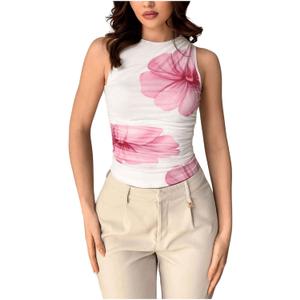 Milumia Women's Mock Neck Floral Mesh Top Y2k Sleeveless Ruched Tank Tops Going Out (Light Pink Flower)