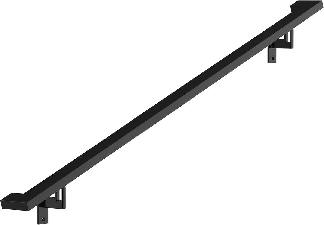 Modern Aluminum Handrail Complete DIY Kit – Matte Black with Adjustable Wall Mount Brackets Included (7' Length)