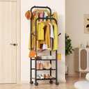 Furologee Clothing Racks for Hanging Clothes, Portable Rolling Garment Rack, Sturdy Metal Freestanding Clothes Rack with Wheels, Double Rods Wardrobe Racks for Bedroom Laundry Living Room