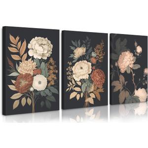 Vintage Flower Wall Art Dark Floral Canvas Wall Art Botanical Farmhouse Prints Black Flower Pictures Wall Decor Moody Floral Artwork Painting for Living Room Bedroom 16x24x3 Inch Framed
