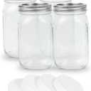 4 Pcs 32 oz Clear Wide Mouth Mason Jars with Airtight Lids and White Plastic Lids, Canning Jars for Overnight Oats, Food Storage and More