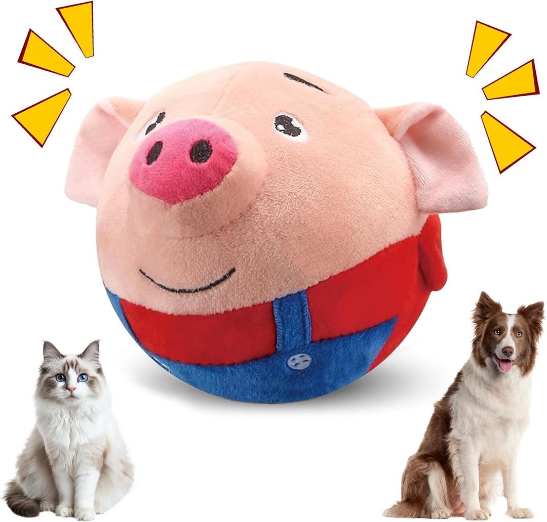 Interactive Dog Toys, 2025 New Active Moving Pet Plush Toy, Squeaky Moving Ball Puppy Toys, Rechargeable Cartoon Plush Bounce Talking Toys to Keep Them Busy (Red Pig)