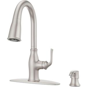 Pfister Rosslyn Kitchen Faucet with Pull Down Sprayer and Soap Dispenser, Single Handle, High Arc, NSF Certified, Spot Defense Stainless Steel Finish, F5297RSSRGS