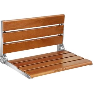 18" Teak Folding Wall Mount Shower Seat,Shower Seat Foldable for Small Shower Space, Home Care Fold Down Shower Seat,Suitable for The Elderly, and Pregnant Women-Maximum Load 400lb (Yellow&Silver)