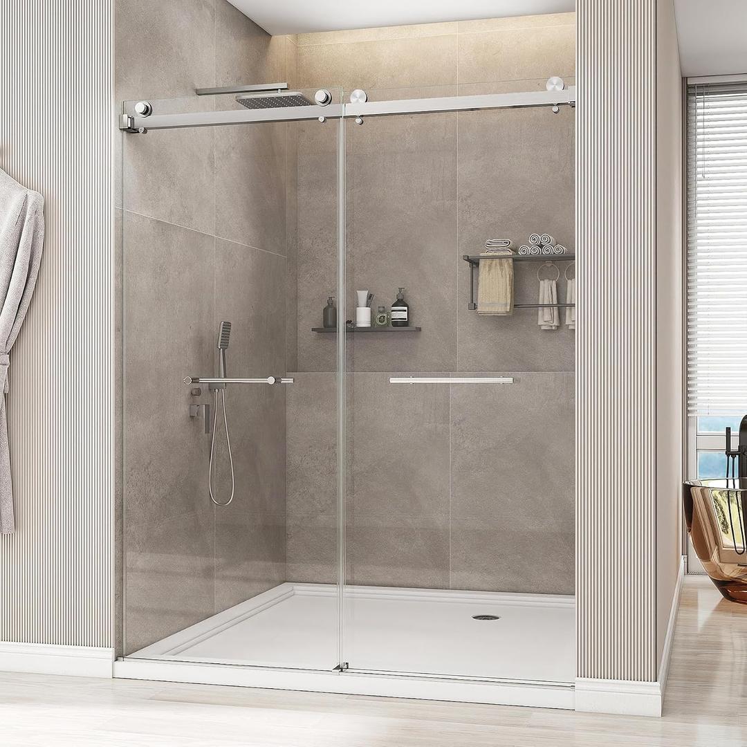 Frameless Shower Door, 50-54" W x 76" H Double Sliding Shower Door with 1/4" (6mm) Tempered Clear Glass for Walk-in Shower with Stainless Steel Hardware, Brushed Nickel