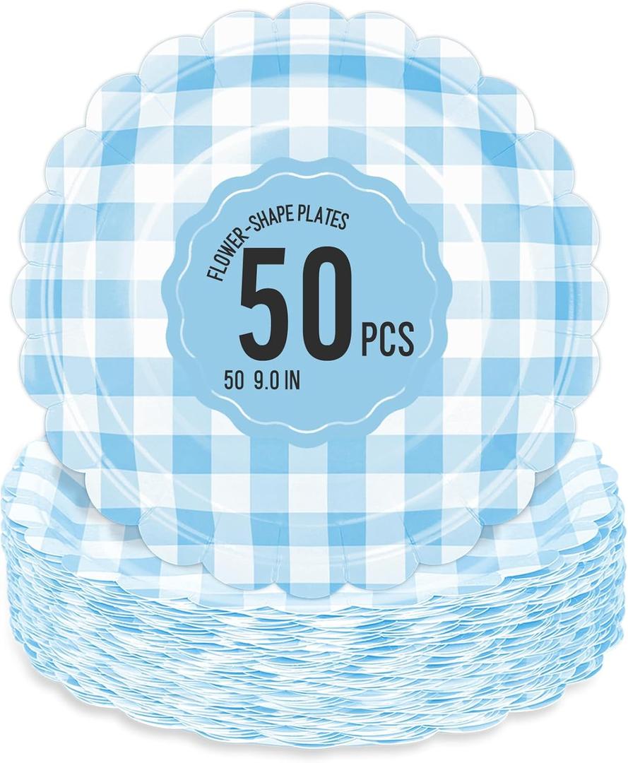 50 Pcs Light Blue Scalloped Paper Plates - 9 Inch Gingham Paper Plates Checkered Party Plate - Disposable Plaid Decorative Dinner Dessert Serving Plate - For Baby Shower Wedding Birthday