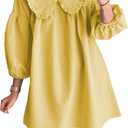 2025 Women's Babydoll 3/4 Puff Sleeve Plaid Mini Dress Lapel Doll Collar Loose Y2k Dress (Yellow), Small