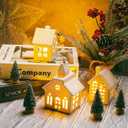 3 Lighted Ceramic White Christmas Village Houses with Remote & 1 Tree, Porcelain Miniature Christmas Figurines Decorations for Home Tabletop Mantel Shelf Decor