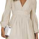 FAIABLE Mini Deep V Sexy Long Sleeve Dress for Women A-line High Waisted Casual Flowy Dress for Cocktail Wedding Guest, L