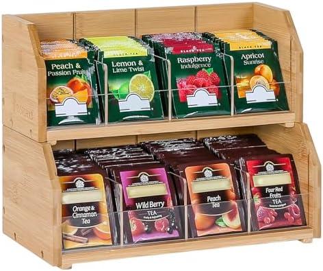 TIOPGHAD 2-Layer Stackable Bamboo Tea Bag Organizer Storage Holder & Rack - Wooden Tea Box Containers - Stand for Countertop or Cabinet