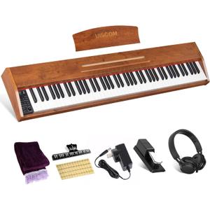 UISCOM 88 Key Digital Piano Keyboard for Beginners,Full Size Electric Piano Semi-Weighted Keyboard with Sheet Music Stand,Pedal,Headphone,Power Adapter,USB-MIDI Compatibility,Wood Grain Brown