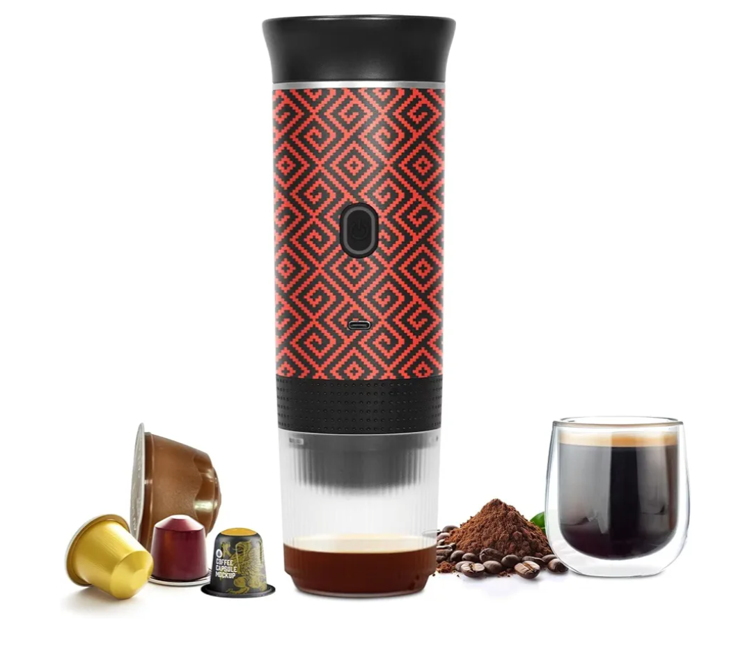 Coffee Maker Gift Set for Travel, Battery Powered Portable Electric Espresso Machine for Camping, Rechargeable Coffee Maker Self Heating with Ground Coffee & Capsule for RV, Hiking (Red mix Black)