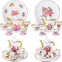 Sieral 2 Set 1:12 Miniature Tea Cup Sets Porcelain Dollhouse Accessories Dollhouse Decoration Mini Flower Pattern Teapot Cup Plates Set for Little Girls Dollhouse Coffee Shop Kitchen Accessories