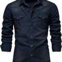 Kissonic Mens Denim Shirt Long Sleeve Slim Fit Jean Shirt for Men Button Down Causal Striped Denim Shirts (Medium, Navy)