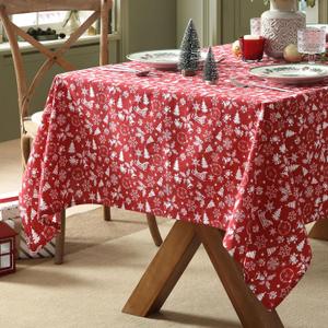 Home Bargains Plus Bell and Snowflakes Cotton Blend Tablecloth, 60 x 102 Inch Rectangle, Red Christmas Bell and Snowflake Pattern, Holiday Table Cover for Festive Dining and Seasonal Decor