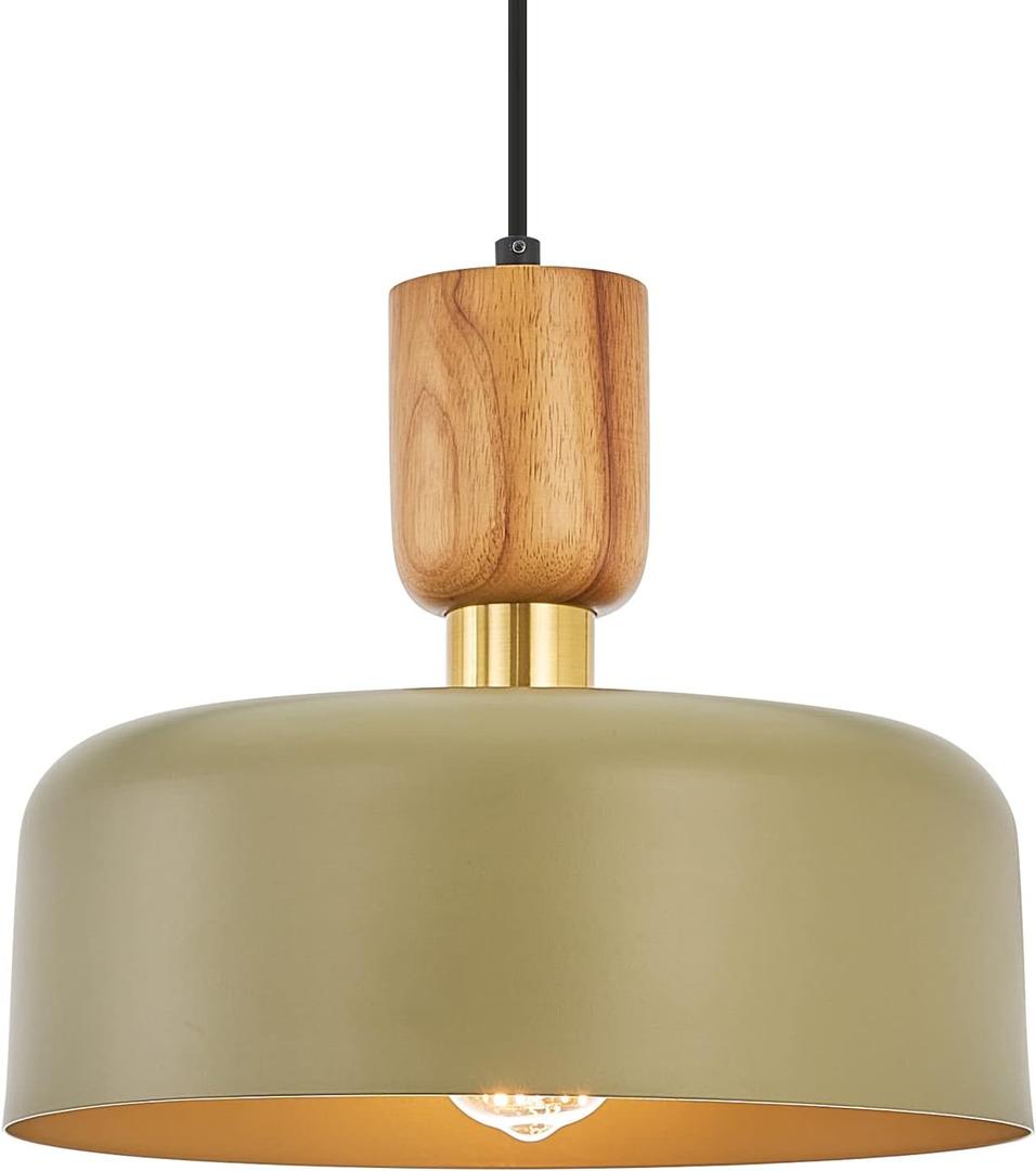 Contemporary Pendant Lighting,Large Pendant Lamp,Wood and Brass Accent,Adjustable Metal Hanging Light Fixture for Kitchen, Dining Room, Green