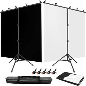 Black White Backdrop Screen with Stand Kit 5x6.5ft for Photo Video Studio, 2-in-1 Revisible Black Backdrop White Screen with T-Shaped Photography Background Support Stand and 5 Clamps