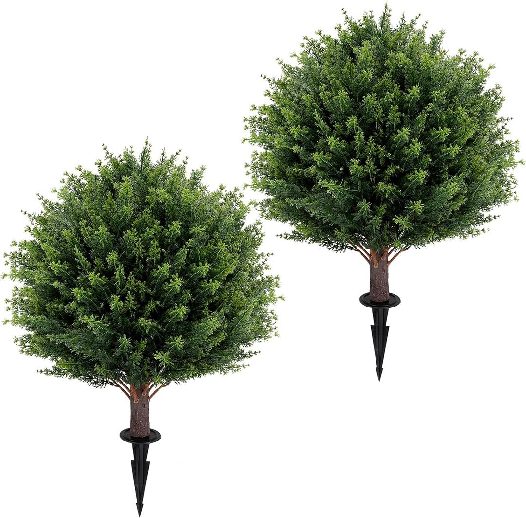 Artificial Cedar Topiary Ball Tree 23" with Ground Spike, Set of 2 Artificial Boxwood Bushes for Faux Shrubs, Fake Evergreen Faux Plant for Indoor Outdoor Porch Garden- UV Resistant  Fade-Proof