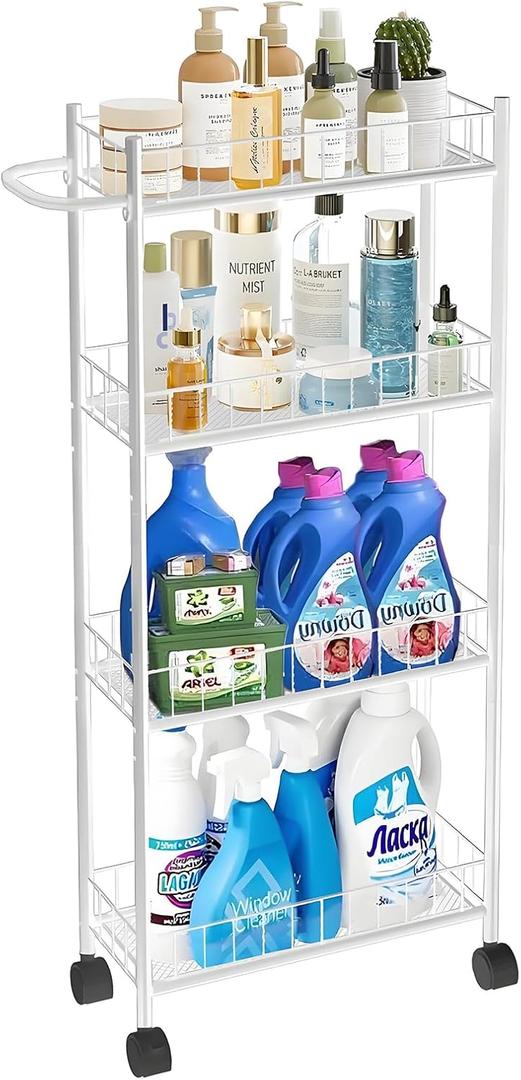 Utility Slim Storage Cart, 4-Tier Storage Cart, Narrow Cart with Handle, 7.1 Inches Deep, Metal Frame, for Kitchen, Dining Room, Living Room, Home Office, Rustic Brown and Classic (4 Tier White)