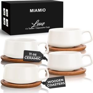 MIAMIO  11 Oz., Set of 4 Ceramic Tea Cup and Saucer Bamboo/Tea Mug - Wide Cappuccino Cup, Coffee Cups Ceramic Mug for Cappuccino, Latte, Espresso & Americano - Luxe Collection (White)