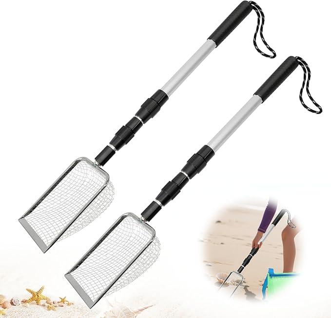 2 Pcs Shark Tooth Sand Sifter, Shell Scooper for Beach, Shovel and Shelling Tools with Retractable Long Handle for Picking Up Shells, Shark Tooth Sifter Dipper for Adult,White Elephant Gifts