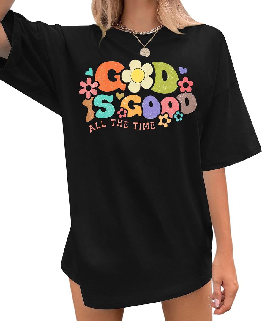 God is Good Shirt Christian Shirts for Women Oversized Jesus Religious Gift Tops Bible Verse Inspirational Tee (Large)