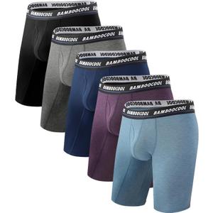 BAMBOO COOL Men's Long Boxer Briefs Performance Long Leg Sports Boxer Brief Underwear MultiPack (06-cyan, Purple, Dark Blue, Dark Grey, Black(5-pack))