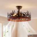 Farmhouse Rustic Ceiling Fan with Light and Remote, 21.7" Flush Mount Enclosed Bladeless Black Chandelier Fan with Forest and Bear, Reversible Fandelier Ceiling Fan for Living Room Bedroom, D21.7"