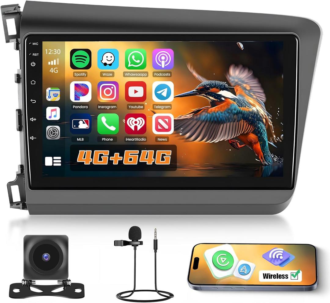 4G+64G Car Radio Stereo for Honda Civic 2012 2013 2014 2015with Wireless Carplay Android Auto DSP, Android 13, 9 inch 1280 * 720 Touch Screen Bluetooth 5.0 Car Radio GPS WiFi Backup Camera
