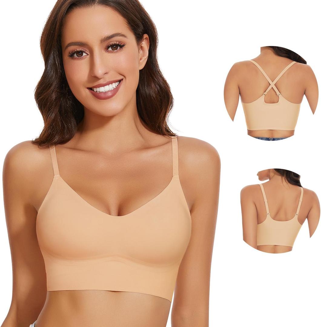 WOWENY Seamless Bra for Womens Comfortable Wireless Bras Adjustable V Neck Bralettes for Women Everyday Padded Bras (Large, Beige)