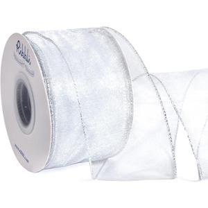 Ribbli White Organza Wired Ribbon, White Sheer with Silver Metallic Edge,2-1/2 Inch x 20 Yards Christmas Tree Ribbon for Decoration, Large Gift Wrapping,Wedding Decoration