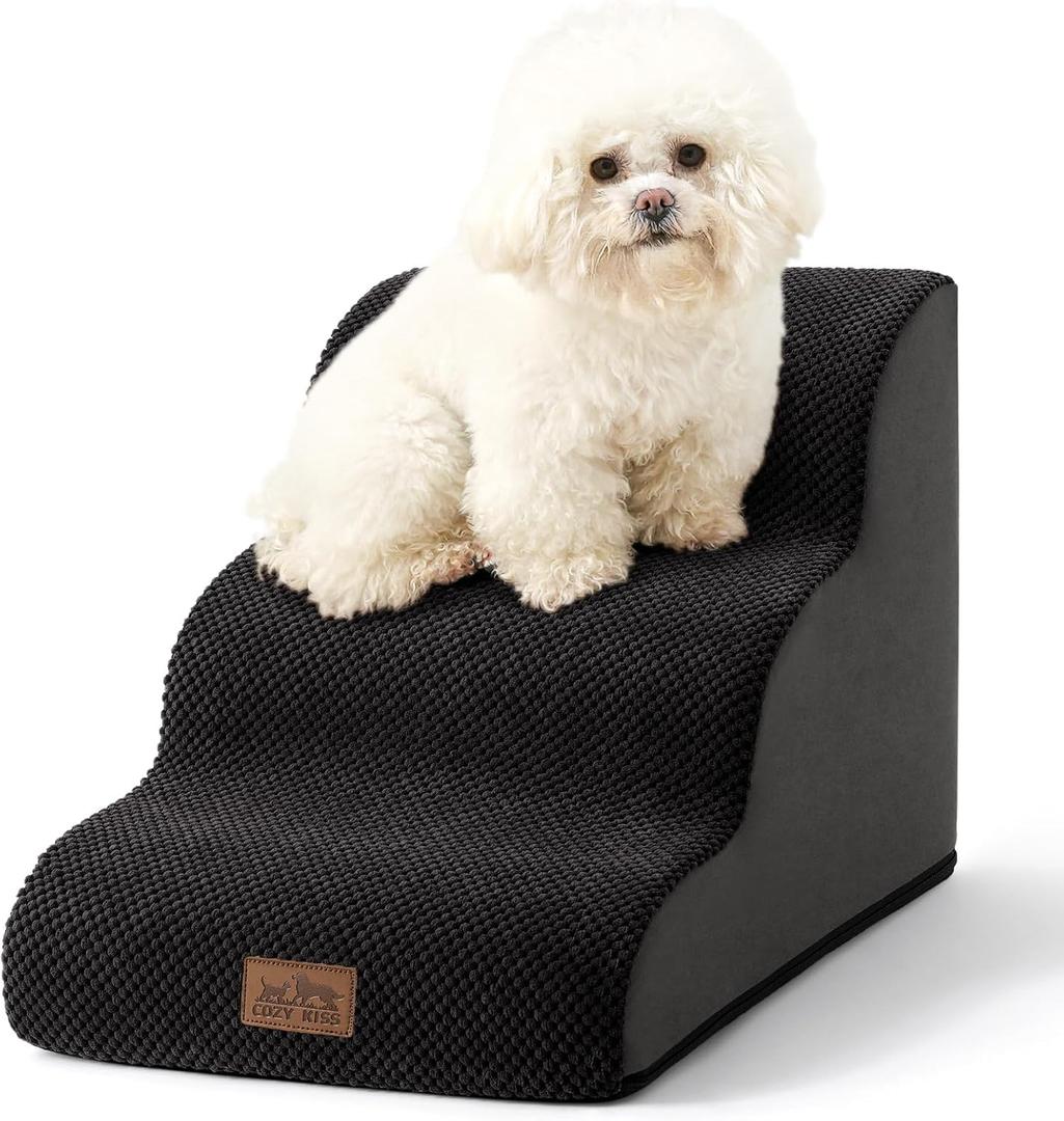 Wide Dog Stairs for Small Dog 15.7" H, Pet Step for Puppy, Older Cat, Curved Ramp for Couch, Durable Anti-Slip Ladder with High Density Foam, 3 Step, 17.7x22.4x15.7 inch, Black