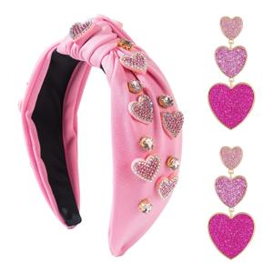 Valentine's Day Headbands for Women - Pink Rhinestone Heart Headbands with Earrings Knot Hairband Jeweled Crystal Sparkling Wide Top Knot Hairband Hair Accessories Gift for Valentines Wedding Party
