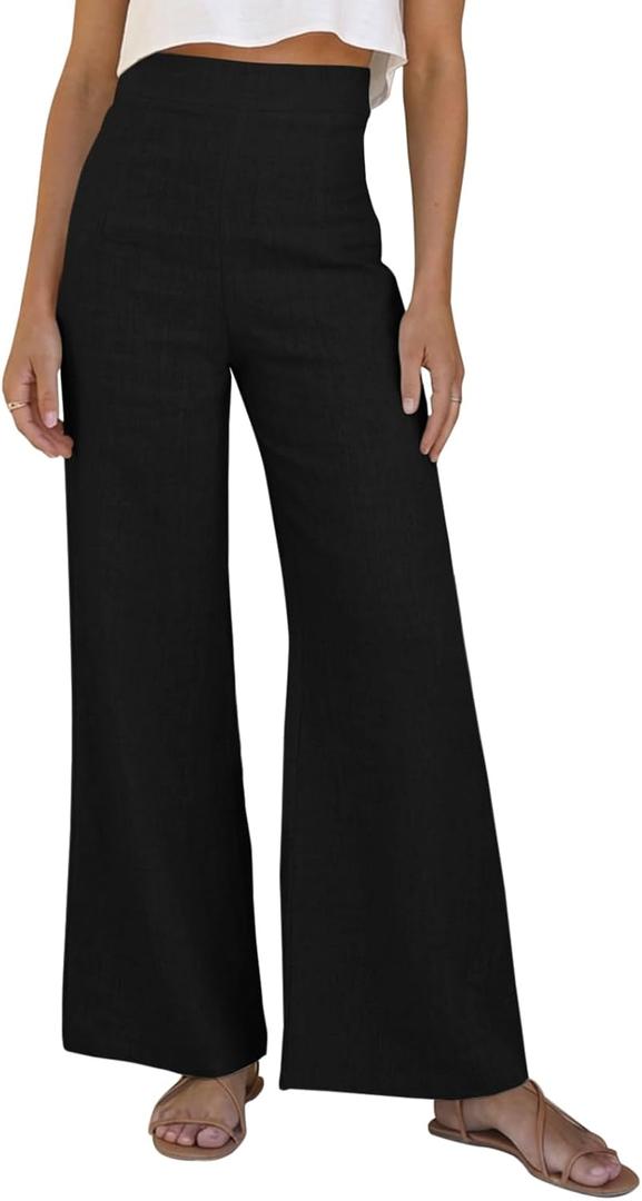 Women Linen Wide Leg Pants Summer High Waist Loose Palazzo Pants Flowy Lounge Trousers Beach Travel Resort Vacation (Black, M)