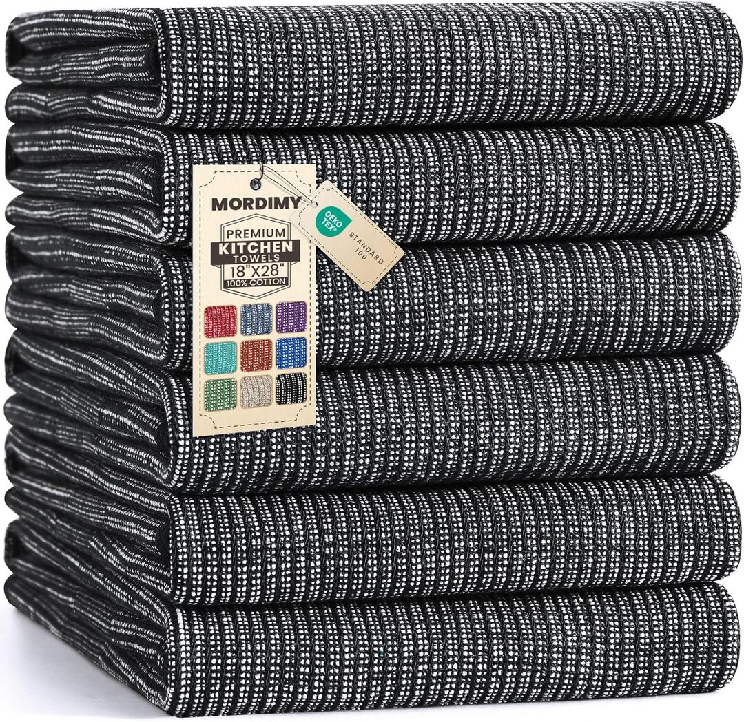 Mordimy Premium Kitchen Towels 6 Pack (18 x 28 Inches, Black), Large Cotton Kitchen Hand Towel, Flat & Terry Dish Towels for Drying Dishes, Super Absorbent Tea Dishtowels Set with Hanging Loop