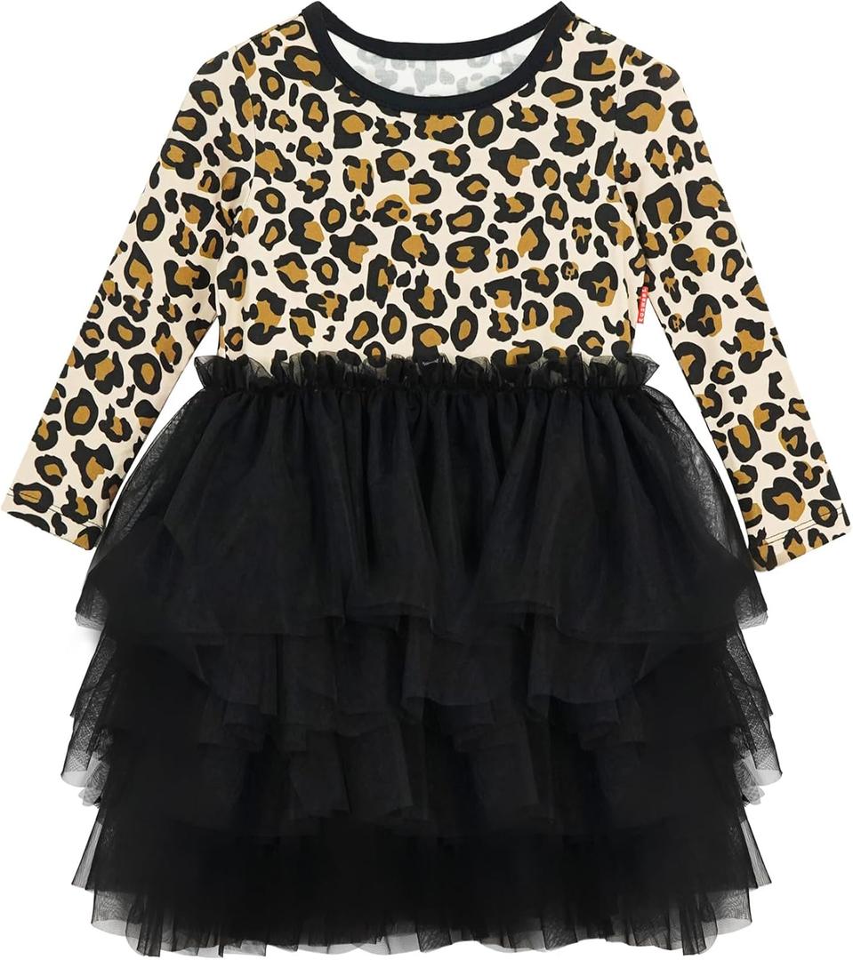 Toddler Girl Tulle Dress, Bamboo Viscose Long Sleeve Tutu Birthday Party Dress Outfits 5T (Leopard Tan)
