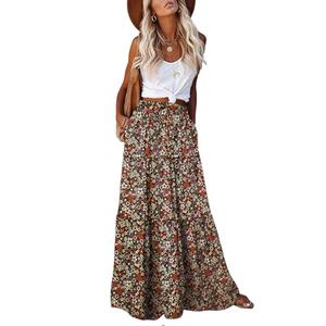 EARKOHA Trendy Lightweight Drawstring Tiered Ruffles Paisley Hippie Plus Size Bohemian Long Maxi Skirt with Deep Pockets for Office Music Festival Travel Picnic Dating Fall Outfits Brown Daisy S