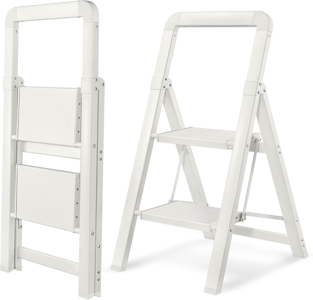 BIBKOKE Step Ladder Folding 2-Step White Finish Aluminum Foldable Step Ladders, Anti-Slip for Home & Kitchen Office 330 lbs