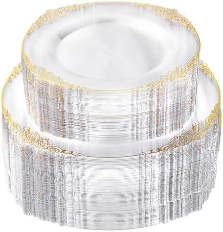 Bestluck 200 PCS Clear and Gold Plastic Plates for 100 Guests, Elegant Clear Disposable Plates with Gold Trim, Include 100 PCS Dinner Plates, 100 PCS Dessert Plates for Party, Birthday and Graduation