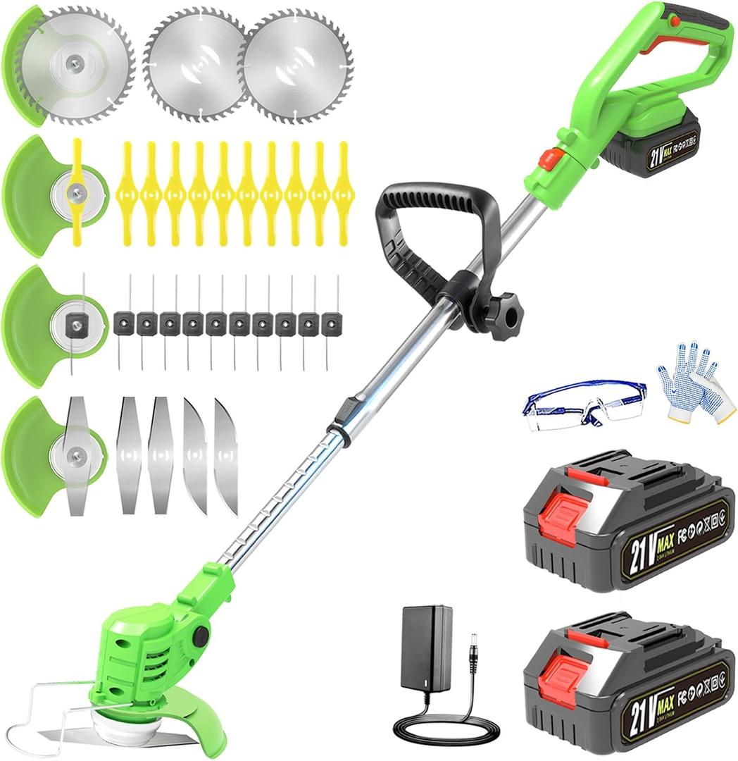 Electric Weed Wacker Cordless, 21V Battery Powered Weed Eater with Charger & 2 Batteries, Stringless Weed Whacker with Metal Blade, Light Weight 3 in 1 Grass Trimmer Edger Brush Cutter for lawn Garden