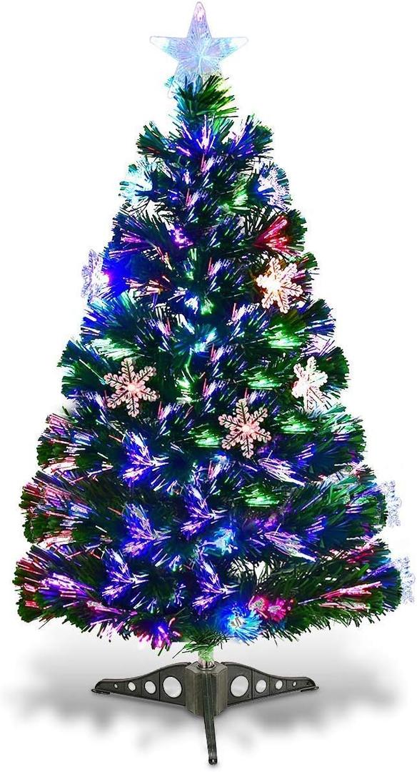 Goplus 3FT Pre-Lit Fiber Optic Artificial Christmas Tree, with Multicolor Led Lights and Snowflakes (3 FT) (Green)