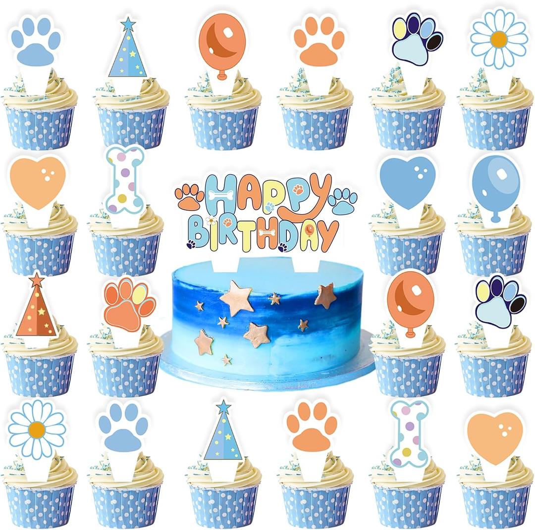 49 Pcs Blue Dog Happy Birthday Cake Toppers - Blue Cupcake Toppers Party Decorations Happy Birthday Signs, Dog Themed Party Supplies Decor for Kids, Boys, Girls, Baby Showers