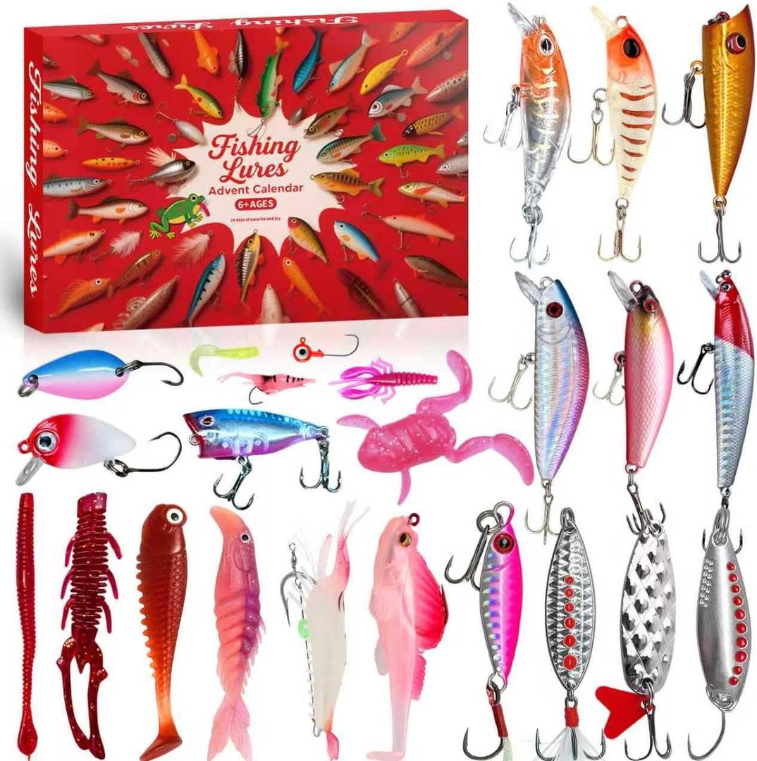 Fishing Advent Calendar 2025 Adult, 24 Days Christmas Countdown Fishing Lures Bait Set with Poppers, Minnows, Crankbaits, Birthday for Men Anglers Fishermen Fathers