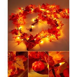 VCOKEN 11FT Fall Garland With Lights - 50 Bulbs Connectable Maple Leaves With Pumpkin, Plug-in Decor for Outdoor Indoor Halloween Thanksgiving Holidays