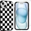 Checkered Phone Case for iPhone 15 6.1" Case with 2 Pack Tempered Screen Protector, Cute Checkerboard Pattern Design Funda Shockproof TPU Slim Soft Matte Phone Cover for Women Girls, Black